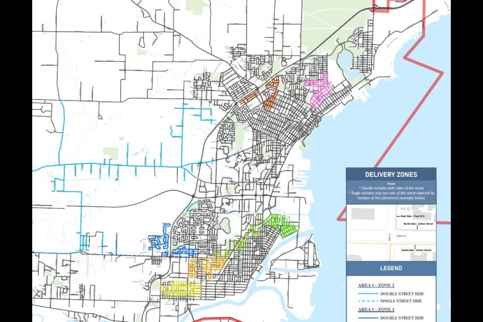 The city has posted a map showing those neighbourhoods (in colour) where households will receive wheeled garbage carts for use starting the week of Sept. 22, 2025 (City of Thunder Bay)