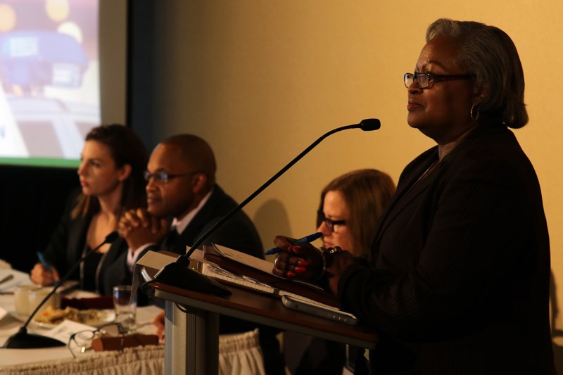 Pamela Grant (right) facilitates a consultation session with the Independent Police Oversight Review at the Nor'Wester Hotel on Wednesday evening. 