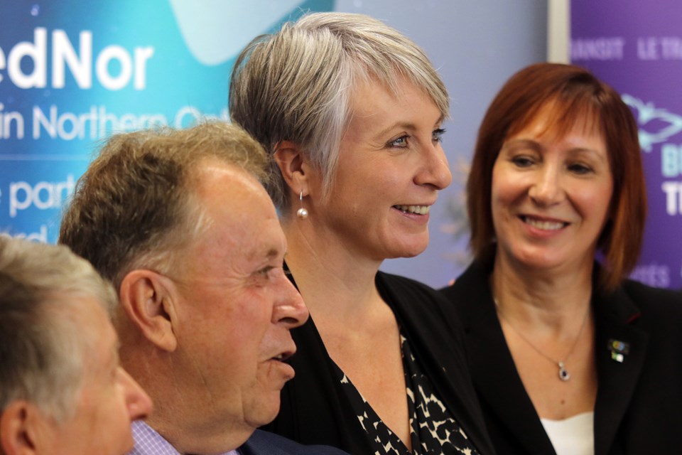 Ontario Minister of Northern Development and Mines Michael Gravelle (from left) is joined by Minister of Status of Women Patty Hajdu and Thunder Bay Francophone Centre volunteer Claudette Gleeson on Thursday, Sept. 8, 2016 at the centre's new Van Norman Street home.  (photo by: Leith Dunick, tbnewswatch.com)