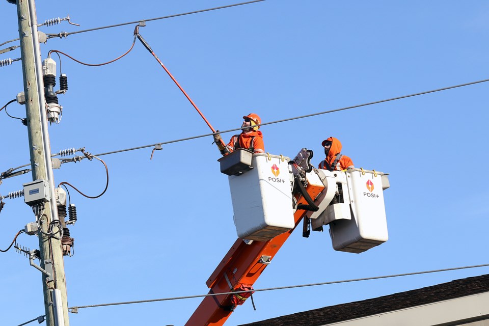 Greater Sudbury Hydro is being assisted by crews and equipment from Sault Ste. Marie PUC, North Bay Hydro and Lakeland Power to get power restored to customers in New Sudbury affected by yesterday's storm. (File)