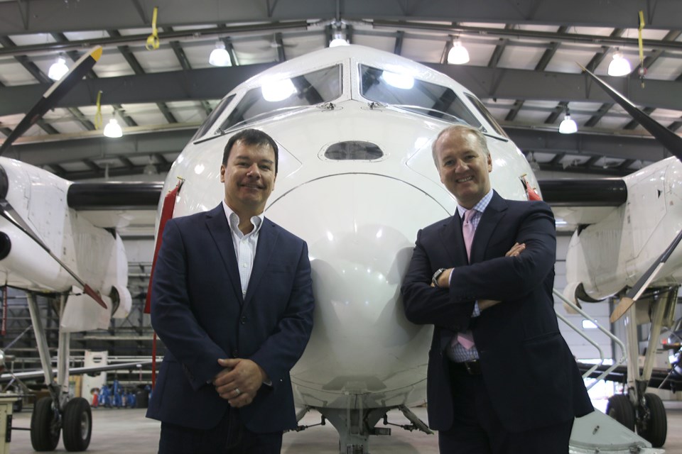Wasaya Airways chairman, Adam Fiddler (left) and president and CEO, Michael Rodyniuk (right), are excited add the Dash 8 to Wasaya's fleet of aircraft. 