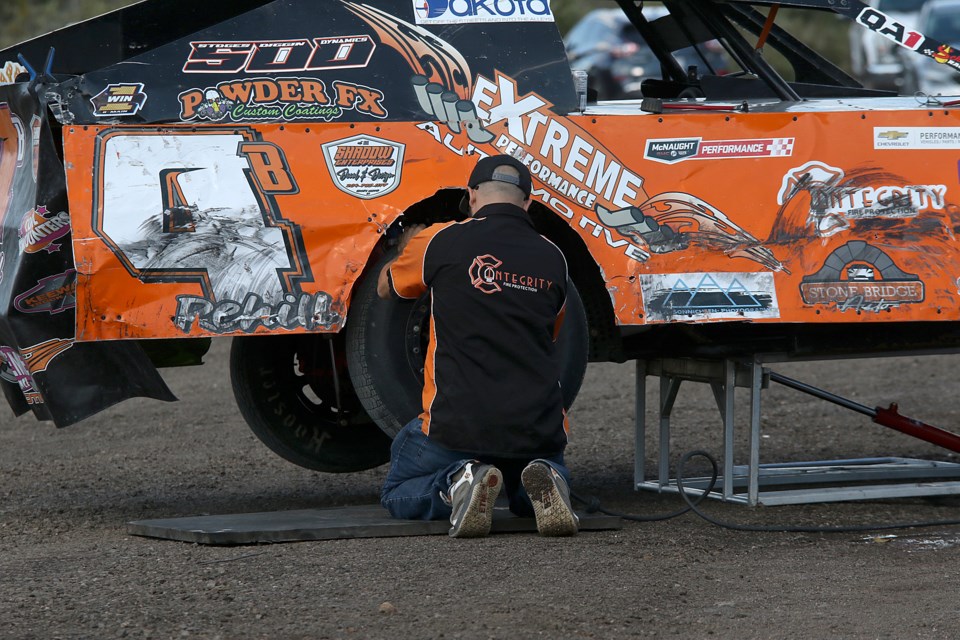 Crews get their race cars ready for the 2021 Thunder Bay Truck Centre Dirt Track Nationals at the Dairy Queen International Speedway on Highway 130. (Leith Dunick, tbnewswatch.com)