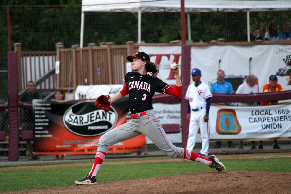 Liz Gilder delivers a pitch for Canada during their 9-8 extra innings win over Chinese Taipei at the 2024 WBSC Women's Baseball World Cup on August 1.