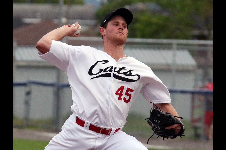 Jake Mielock threw five innings of five-hit ball for the Border Cats on Thursday, July 13, 2017 against the Bismarck Larks (Leith Dunick, tbnewsatch.com). 