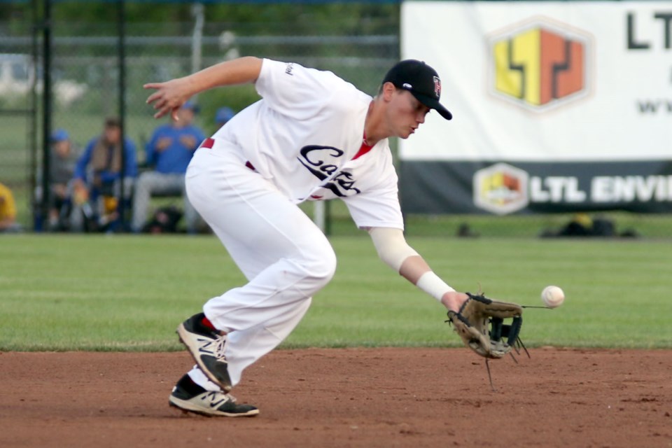 Shortstop Colin Rosenbaum makes a play on the ball against the Waterloo Bucks on Monday, June 26, 2017 at Port Arthur Stadium (Leith Dunick, tbnewswatch.com). 