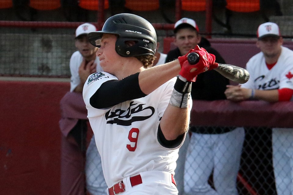 Border Cats infielder Billy Cook takes a cut on Tuesday, June 12, 2018 against the Duluth Huskies. (Leith Dunick, tbnewswatch.com)