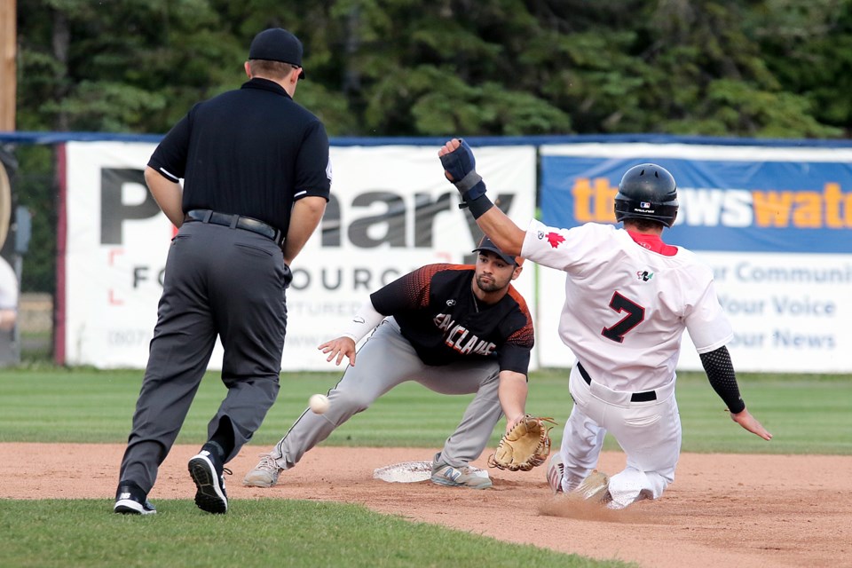 Eau Claire's Nick Mannconz awaits the throw with Thunder Bay's Jakob Neston barrels down on him trying to steal second on Monday. July 22, 2019 at Port Arthur Stadium. (Leith Dunick, tbnewswatch.com)