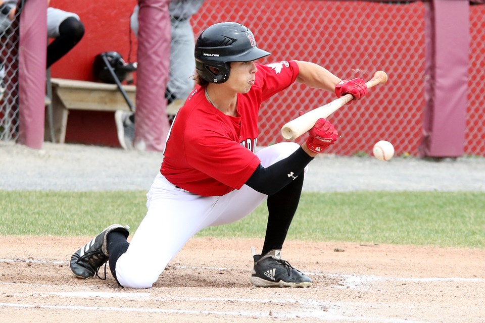 Thunder Bay's Conor Allard lays down a bunt on Sunday, June 23, 2019. (Leith Dunick, tbnewswatch.com)
