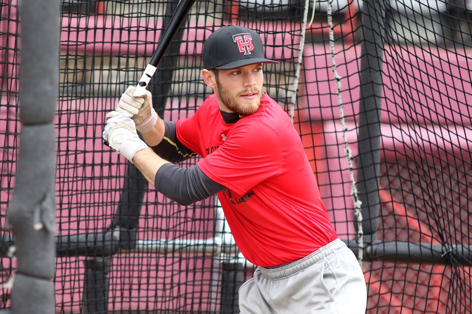 Thunder Bay's Bryce Jorgenson takes his cuts on Monday, May 28, 2019 during batting practice at Port Arthur Stadium. (Leith Dunick, tbnewswatch.com)