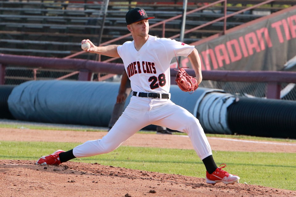 Caden Fiveash went five strong innings for Thunder Bay on Wednesday, June 7, 2023, allowing two runs, one of them earned, against the Duluth Huskies. (Leith Dunick, tbnewswatch.com)