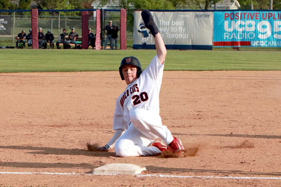 Border Cats leadoff hitter Logan Johnstone slides into third on Wednesday, June 7, 2023 against the Duluth Huskies at Port Arthur Stadium. (Leith Dunick, tbnewswatch.com)