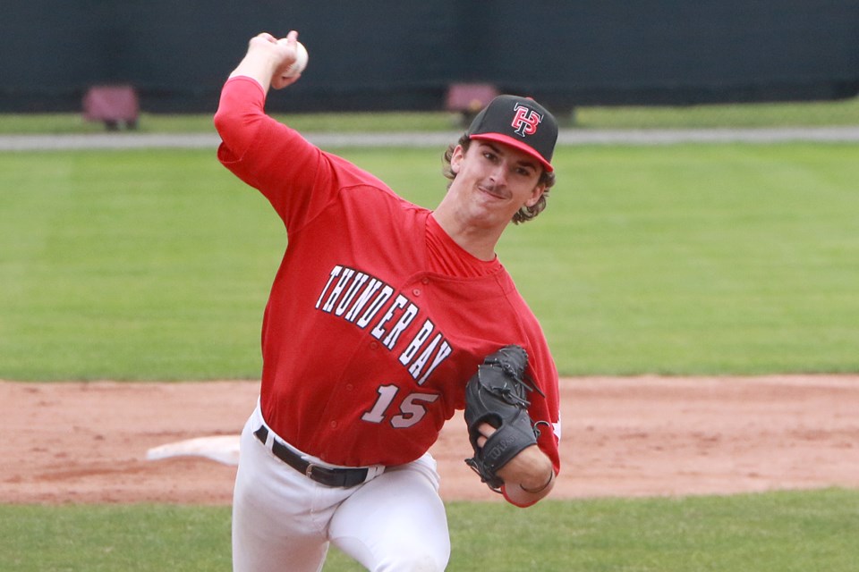 Thunder Bay's Jack Pineau throws in the third inning on Sunday, July 9, 2023 against the Rochester Honkers at Port Arthur Stadium. The Cats won the game 10-4. (Leith Dunick, tbnewswatch.com)