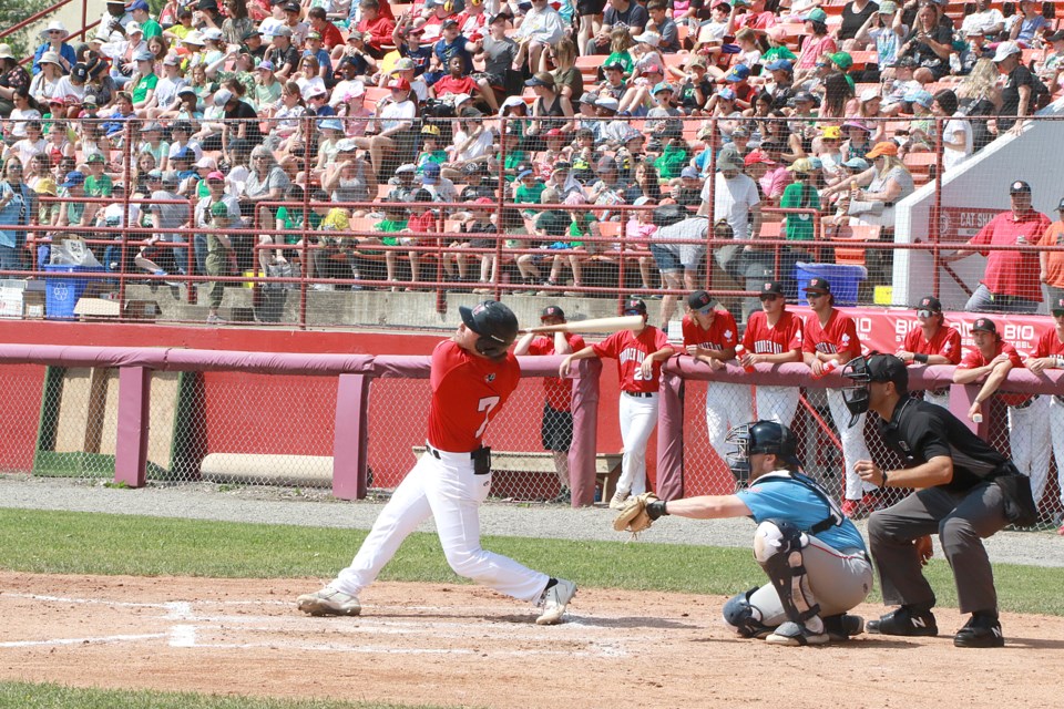 Designated hitter Tyler Griggs takes a cut on Tuesday, June 13, 2023 during a Northwoods League game against the St. Cloud Rox at Port Arthur Stadium. (Leith Dunick, tbnewswatch.com)