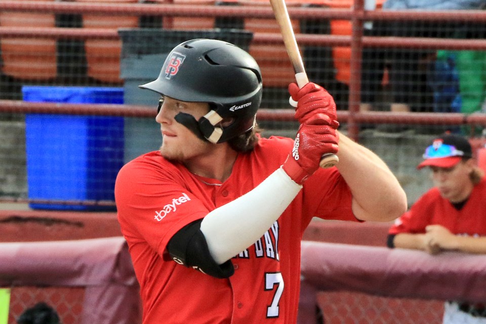 Kyle Morrison homered and doubled in Thunder Bay's 4-2 loss to Waterloo on June 19, 2024. (Leith Dunick, tbnewswatch.com)