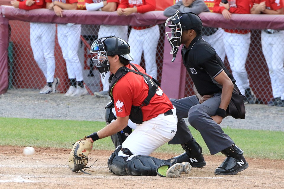 Thunder Bay's Trey Fikes digs a ball out of the dirt on Wednesday, June 19, 2024. (Leith Dunick, tbnewswatch.com)