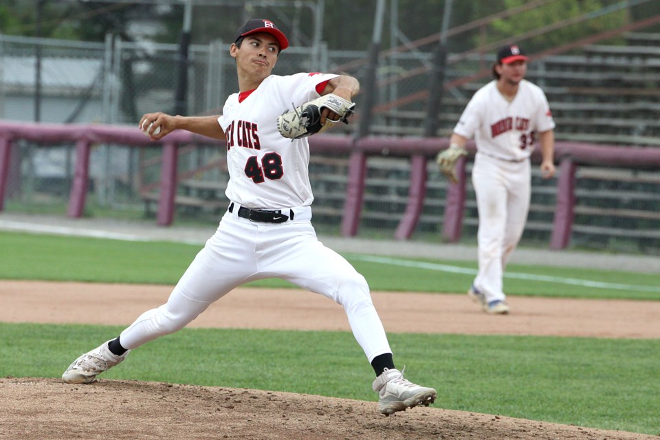 Thunder Bay starter Max Ramirez pitched 7.1 innings, allowing four runs, three fo them eared, on seven hits and four walks, on Monday, Aug. 5, 2024. (Leith Dunick, tbnewswatch.com)