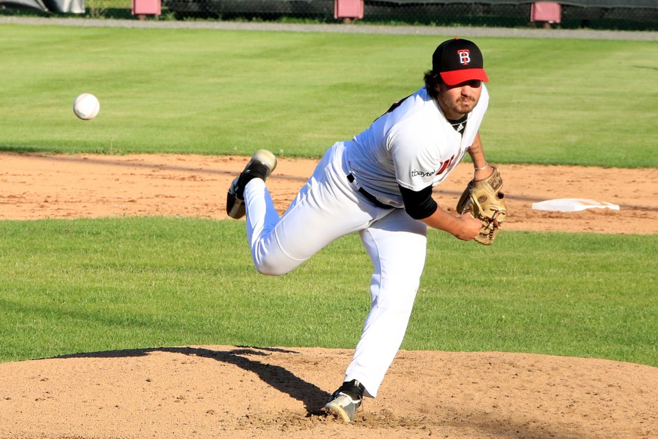 Thunder Bay righty Andrew Hardin pitched into the eighth inning on Monday, June 3, 2024 against the Eau Claire Express and improved to 2-0 on the season. (Leith Dunick, tbnewswatch.com)