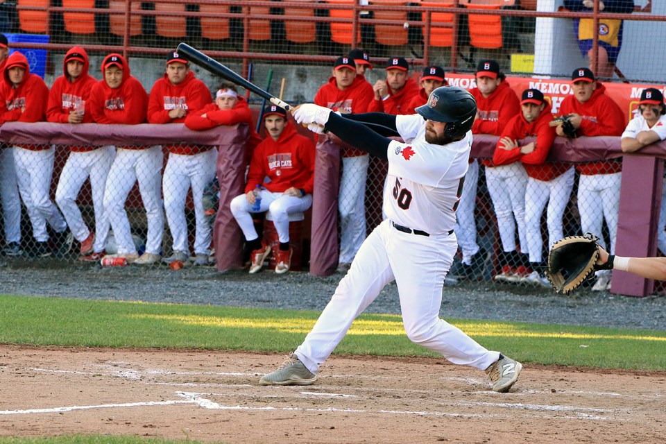 Thunder Bay's Jack Prewett swings on Monday, June 3, 2024 at Port Arthur Stadium. (Leith Dunick, tbnewswatch.com)