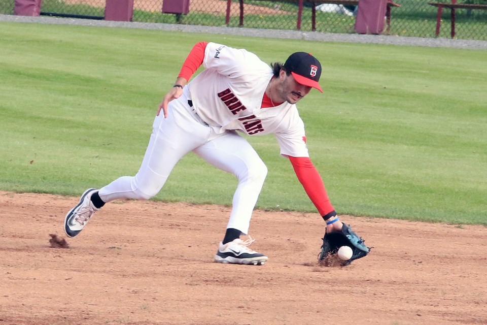Thunder Bay second baseman Greg LaChance makes a stop in the second inning on Saturday, June 1, 2024 at Port Arthur Stadium. (Leith Dunick, tbnewswatch.com)