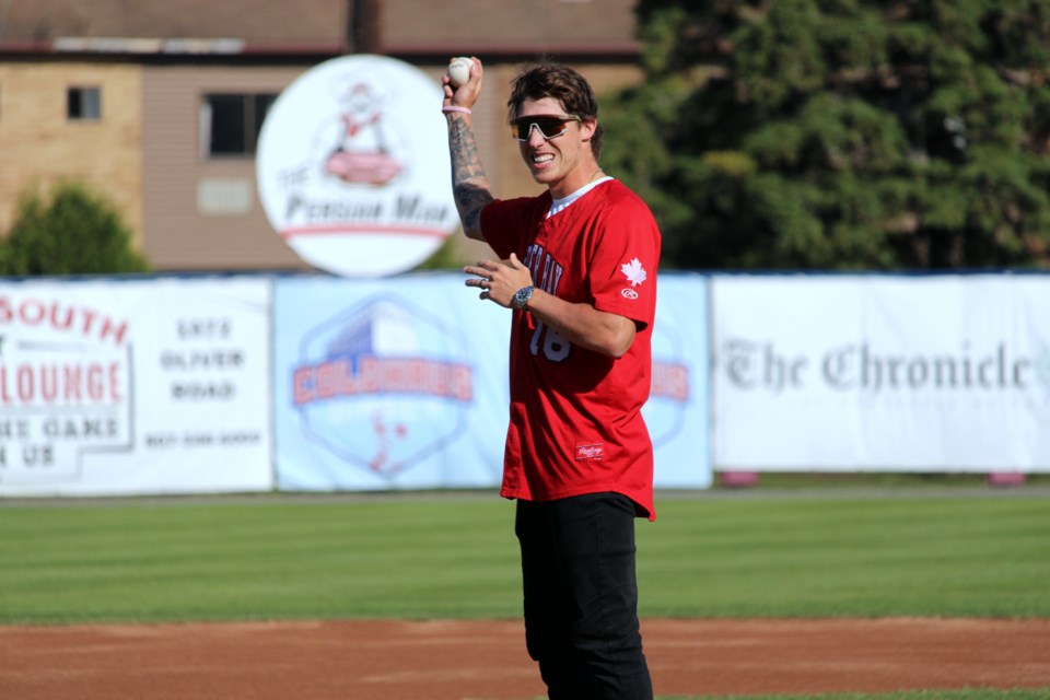 Toronto Maple Leafs forward Mitch Marner prepares to throw the first pitch at Port Arthur Stadium for the Northwoods League game between the Thunder Bay Border Cats and the Duluth Huskies on Friday, June 21.