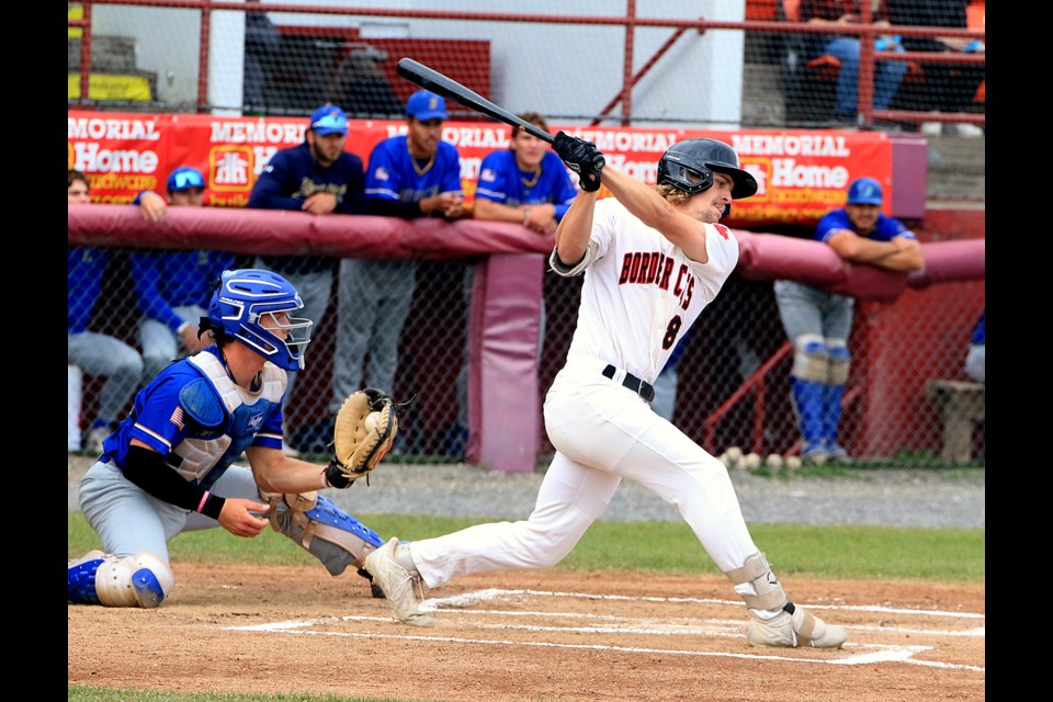 Thunder Bay's Jordan Bach takes a huge cut against the Waterloo Bucks on Tuesday, June 19, 2025. (Leith Dunick, tbnewswatch.com)