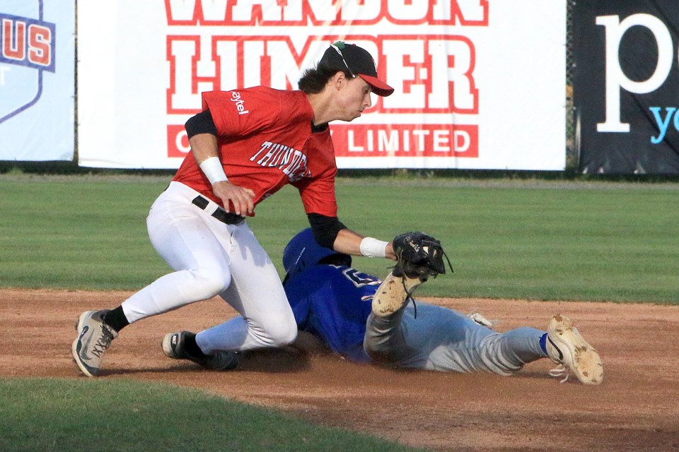 Thunder Bay shortstop Manny Alberto tags out Waterloo's Larry Edwards attempting to steal second base on Monday, June 30, 2025 at Port Arthur Stadium. (Leith Dunick, tbnewswatch.com)