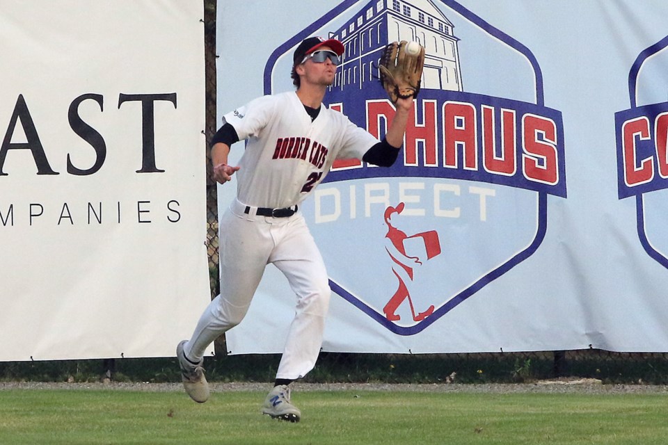 Border Cats lefti-filelder Calvin Warrillow makes a grab in the second innning against the Rochester Honkers on Saturday, May 31, 2025 at Port Arthur Stadium. (Leith Dunick, tbnewswatch.com)