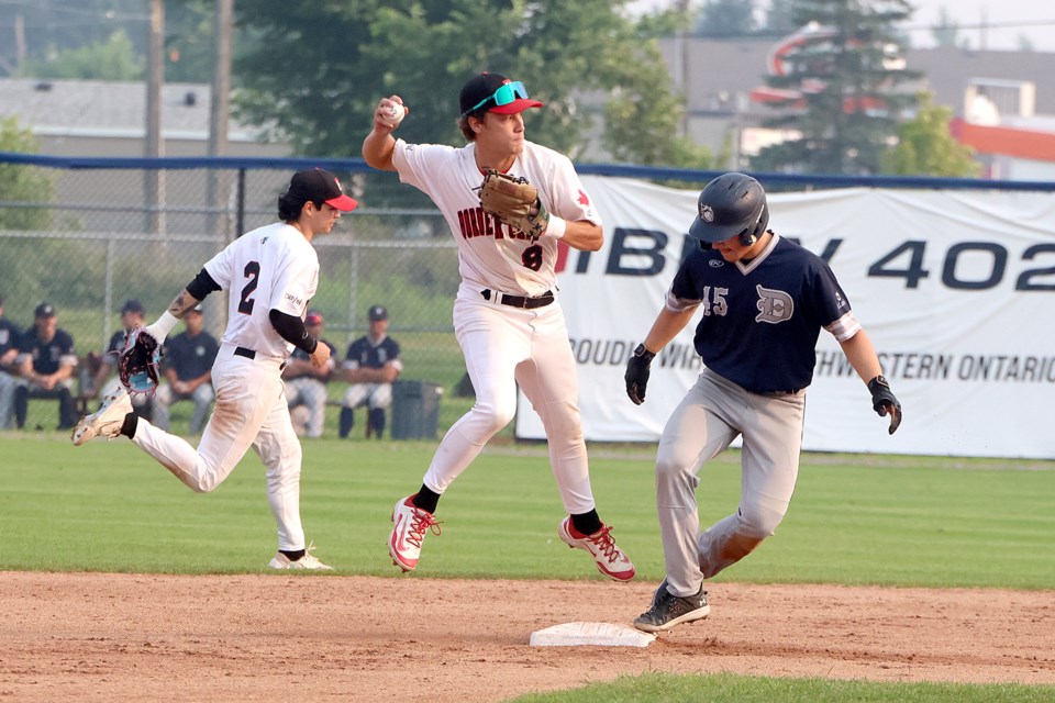 Thunder Bay second baseman Dylan Snead leaps in an attempt to turn a double play after getting Duluth's Elijah Fairchild on a force at second on Tuesday, July 29, 2025. (Leith Dunick, tbnewswatch.com)