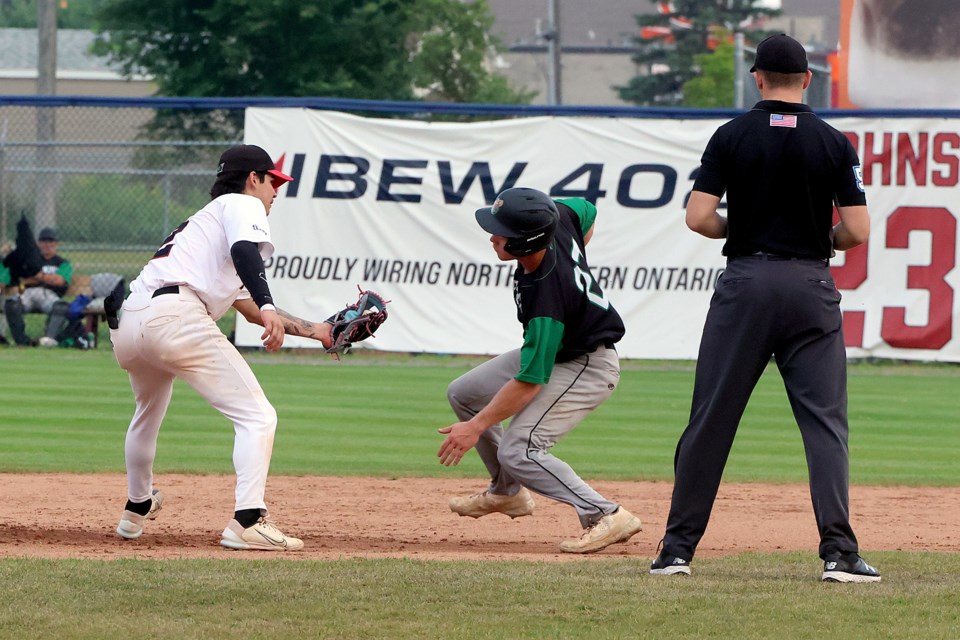 Junior Lopez easily tags out LaCrosse catcher Max Pederson trying to steal second on Monday, Aug. 4, 2025 at Port Arthur Stadium. (Leith Dunick, tbnewswatch.com)