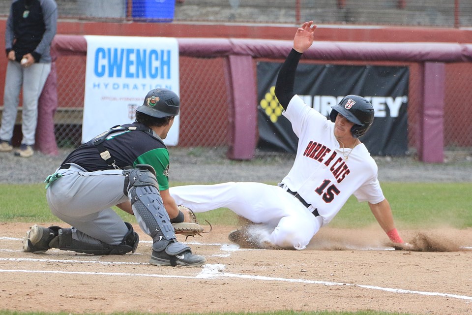 Thunder Bay's Lucas Johnson is tagged out at home by La Crosse catcher Max Falk on Monday, June 16, 2025. (Leith Dunick, tbnewswatch.com)