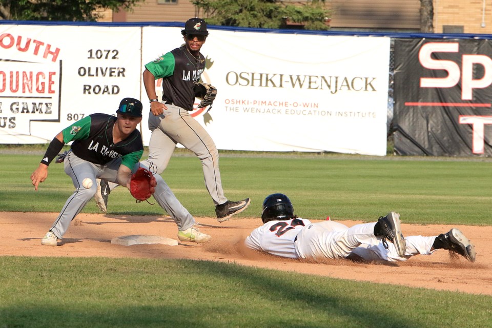 With shortstop R.J. Hamilton backing him up, La Crosse second baseman Ethan Edinger corrals the throw to catch Thunder Bay's Ty Hamilton trying to steal on Tuesday, June 17, 2025. (Leith Dunick, tbnewswatch.com)