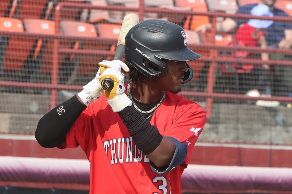 Jeremy Sheffield awaits the pitch on Thursday, July 24, 2025 against the Willmar Stingers. (Leith Dunick, tbnewswatch.com)
