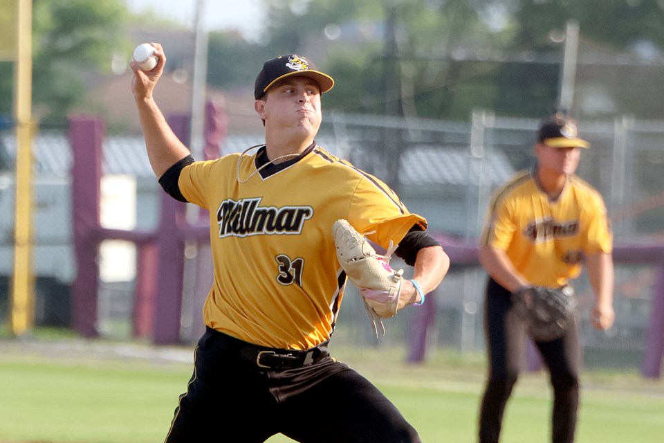 Willmar hurler Jake Lankie throws a pitch on Friday, July 25, 2025 against the Thunder Bay Border Cats. (Leith Dunick, tbnewswatch.com)