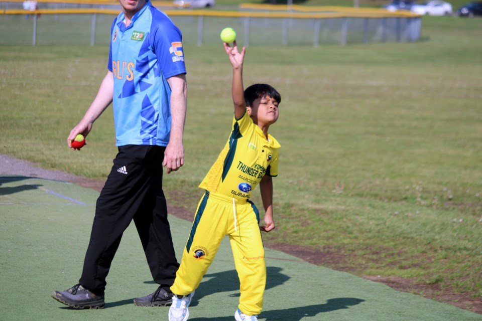 Daiwik Vishnu throws the ball during a bowling drill at the Thunder Bay Cricket Council's youth summer camp at Chapples Park on June 12.