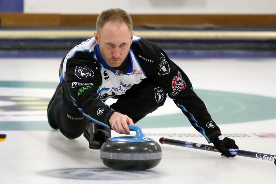Sault Ste. Marie's Brad Jacobs throws a stone in Draw 1 at the 2017 Travelers Men's Provincials at Fort William Curling Club in Thunder Bay (Leith Dunick, tbnewswatch.com). 