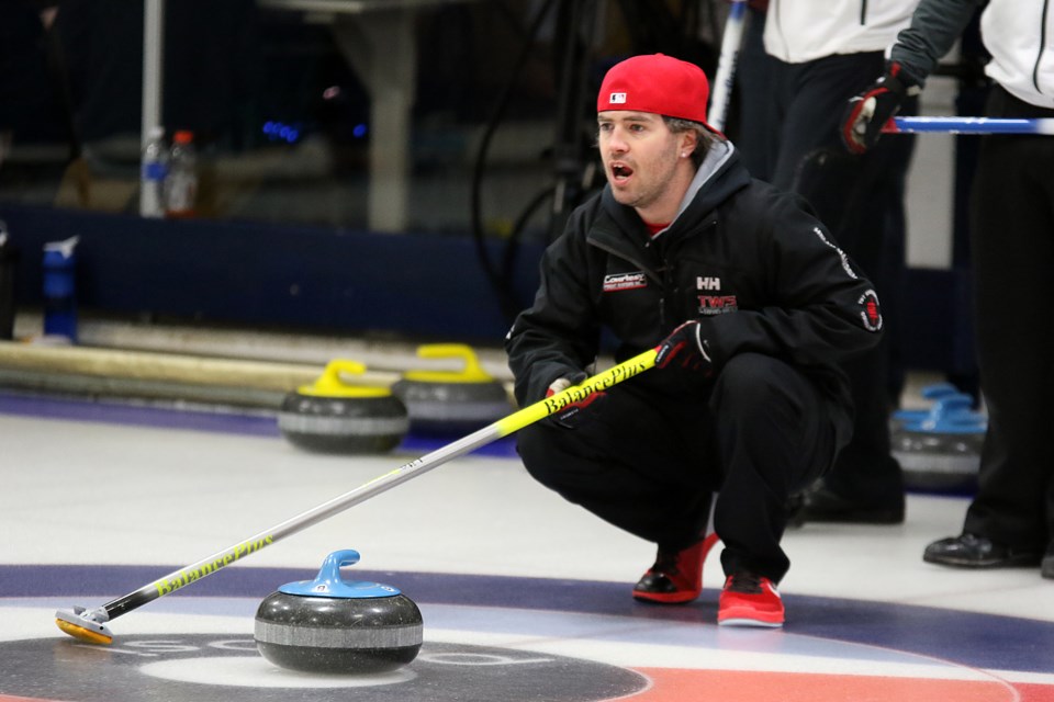 Thunder Bay skip Dylan Johnston calls a shot on Wednesday, Feb. 8, 2017 during the 2017 Travelers Provincial Men's Championship at Fort William Curlng Club (Leith Dunick, tbnewswatch.com). 