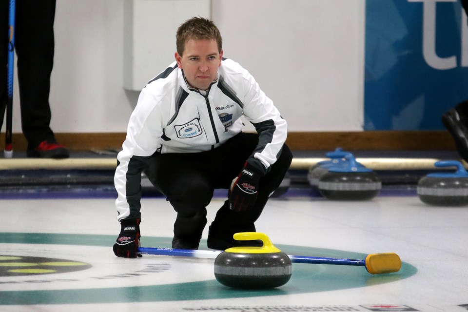 Skip Bryan Burgess of Thunder Bay ponders a shot on Thursday, Feb. 9, 2017 during Draw 3 action at the 2017 Travelers Provincial Men's Championship at Fort William Curling Club (Leith Dunick, tbnewswatch.com). 
