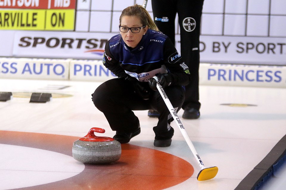 Skip Krista McCarville watches a shot during first end play on Wednesday, Nov. 7, 2018 at the Tournament Centre during the Pinty's Grand Slam of Curling Tour Challenge. (Leith Dunick, tbnewswatch.com)