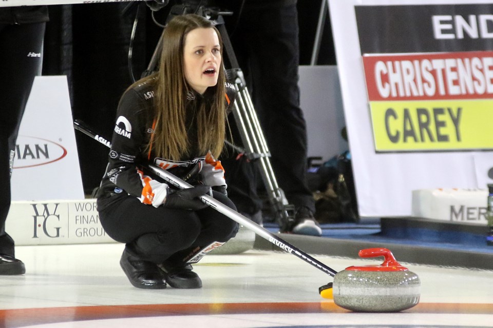 Tracy Fleury calls a shot  in the second end of her Draw 9 match on Thursday, Nov. 8, 2018 at the Pinty's Grand Slam of Curling Tour Challenge at the Thunder Bay Tournament Centre. (Leith Dunick, tbnewswatch.com)