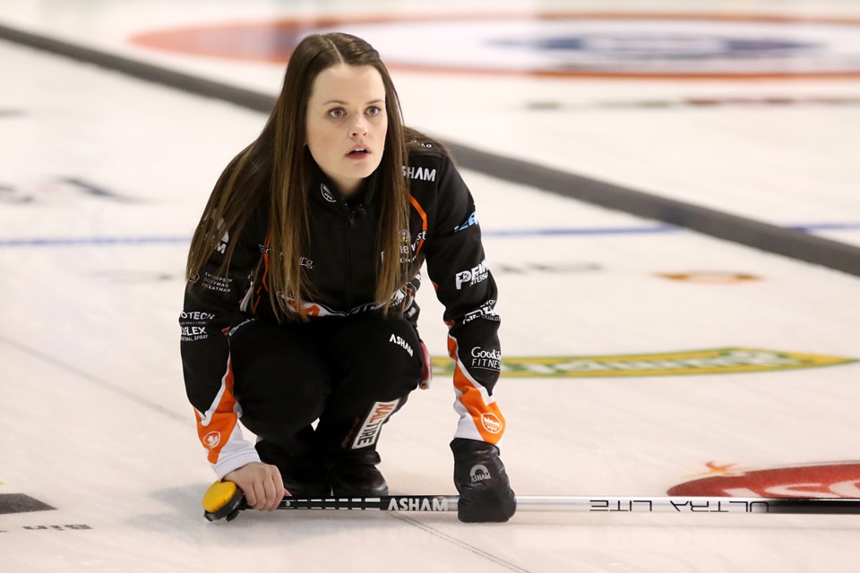 Tracy Fleury stares down her shot on Saturday, Nov. 10, 2018 during semifinal play at the Pinty's Grand Slam of Curling Tour Challenge at the Thunder Bay Tournament Centre. (Leith Dunick, tbnewswatch.com)