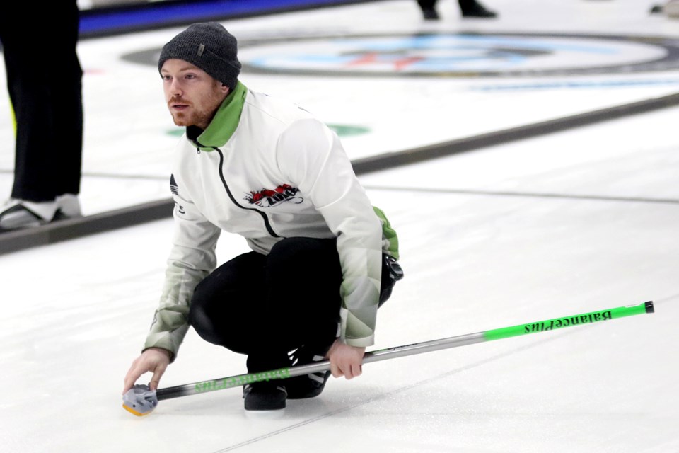 Copper Cliff's Dustin Montpellier watches his shot on Thursday, Jan. 31, 2019 at the Northern Ontario Men's Curling Championship at the Nipigon Arena. (Leith Dunick, tbnewswatch.com)