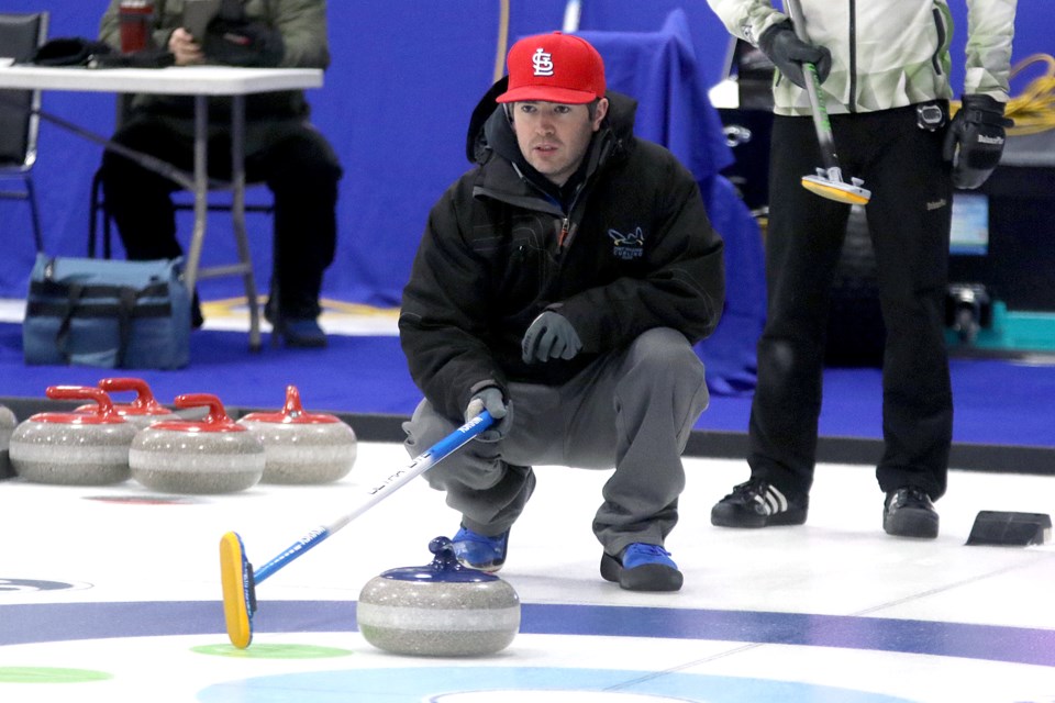Dylan Johnston calls a shot on Thursday, Jan. 31, 2018 during the Northern Ontario Men's Curling Championship at the Nipigon Arena in Nipigon. (Leith Dunick, tbnewswatch.com)