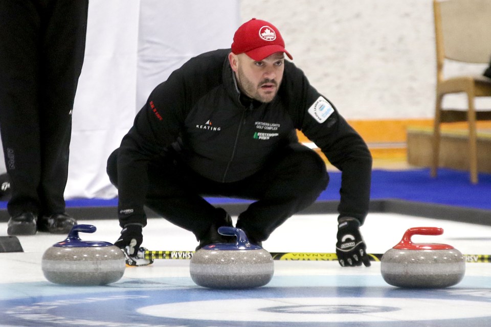 Skip Trevor Bonot of Thunder Bay watches a shot on Friday, Jan. 31, 2019 during the Northern Ontario Men's Curling Championship at the Nipigon Arena. (Leith Dunick, tbnewswatch.com)