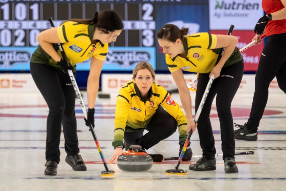 Team Northern Ontario, skip Krista McCarville, second Ashley Sippala and lead Sarah Potts, in the championship final at the Scotties Tournament of Hearts at Fort William Gardens on Sunday, Feb. 6, 2022. (Curling Canada/Andrew Klaver)

