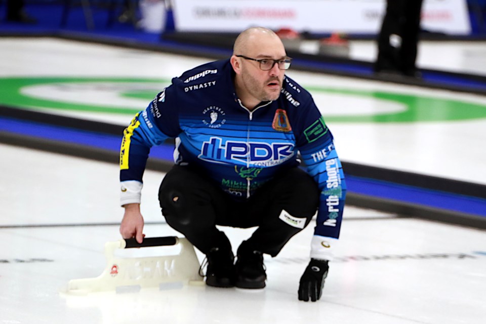 Thunder Bay's Trevor Bonot dropped a 7-5 decision to Sudbury's Tanner Horgan on Sunday, Jan. 29, 2023 in the semifinal of the Northern Ontario men's curling provincial playdowns at the Kenora Recreation Centre in Kenora, Ont. (Leith Dunick, tbnewswatch.com)