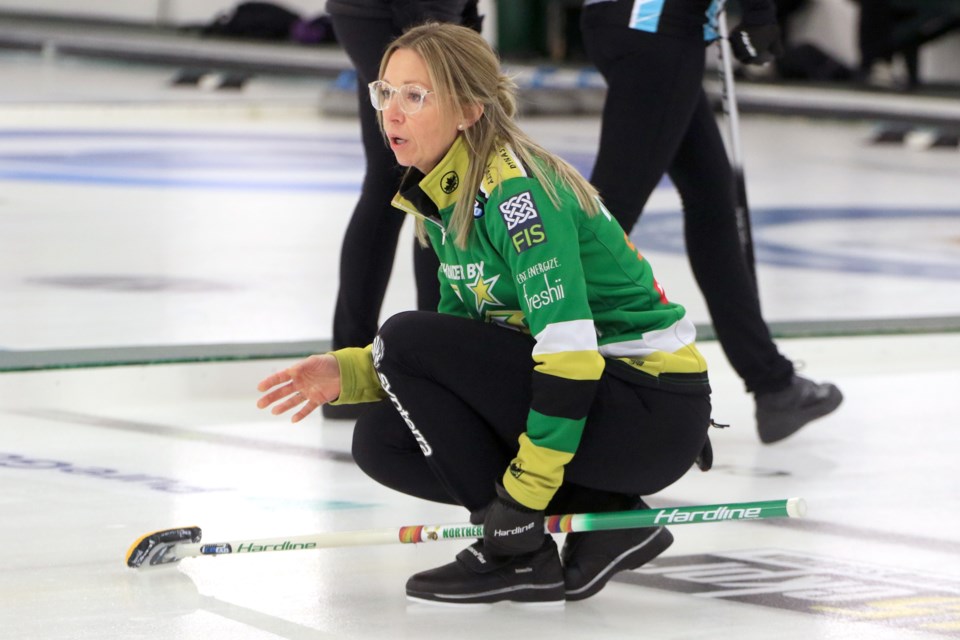 Krista McCarville watches her shot in her final round-robin game at the 2025 Northern Ontario Women's Curling Championship, on Saturday, Jan. 25, 2025 at the Port Arthur Curling Centre. (Leith Dunick, tbnewswatch.com)