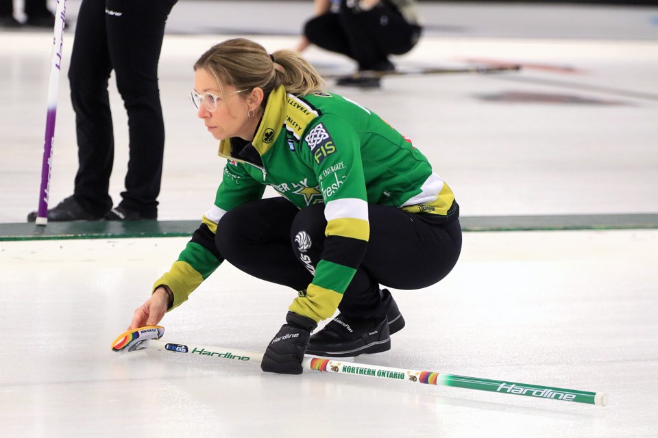 Krista McCarville opened with a 9-3 win over Claire Dubinsky on Wednesday, Jan. 22, 2025 on Day 2 of the Northern Ontario Curling Championships at Port Arthur Curling Centre in Thunder Bay. (Leith Dunick, tbnewswatch.com)