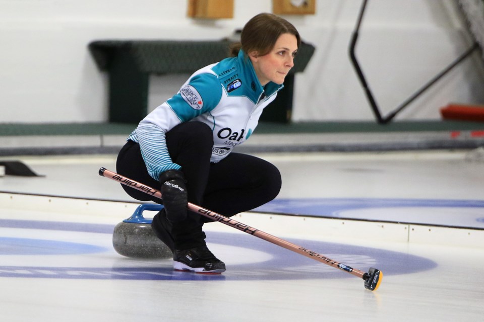 Thunder Bay's Robyn Despins awaits a shot on Wednesday, Jan. 22, 2025 on Day 2 of the Northern Ontario Curling Championships at Port Arthur Curling Centre in Thunder Bay. (Leith Dunick, tbnewswatch.com)