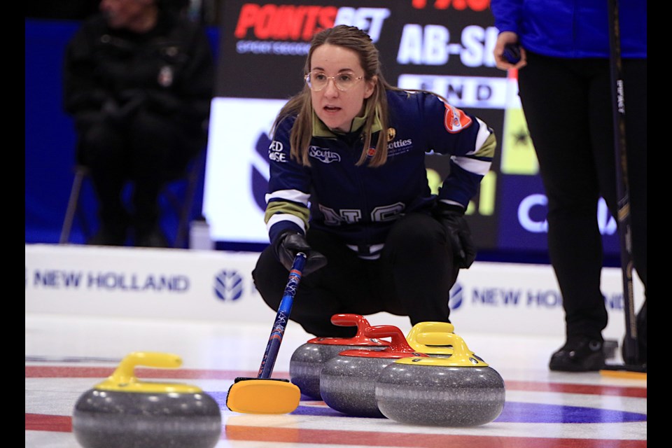 Nova Scotia skip Christina Black calls a shot on Saturday, Feb. 22, 2025 at the Scotties Tournament of Hearts in Thunder Bay. (Leith Dunick, tbnewswatch.com)