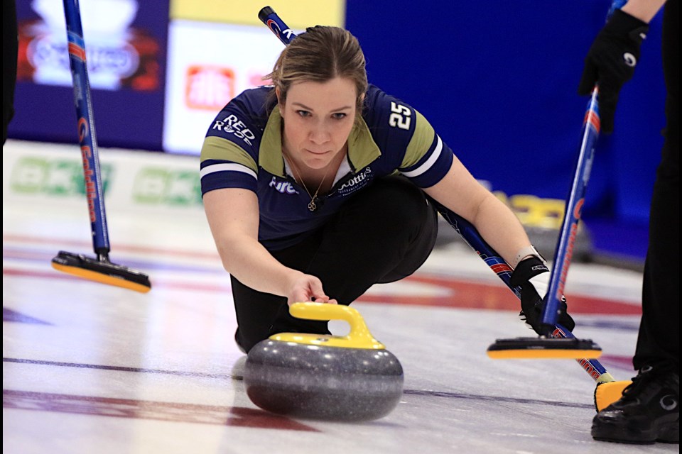 Thunder Bay's Karlee Everist takes a shot on Saturday, Feb. 22, 2025 at the Scotties Tournament of Hearts in Thunder Bay. (Leith Dunick, tbnewswatch.com)